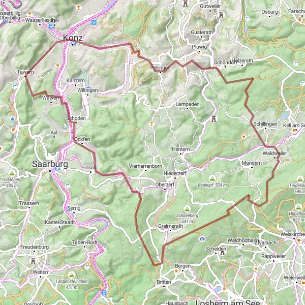 Map miniature of "Gravel Delights" cycling inspiration in Trier, Germany. Generated by Tarmacs.app cycling route planner