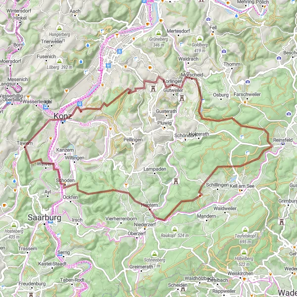 Map miniature of "Tawern Gravel Adventure" cycling inspiration in Trier, Germany. Generated by Tarmacs.app cycling route planner