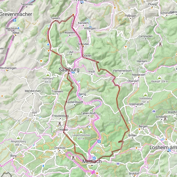 Map miniature of "Tawern Gravel Delight" cycling inspiration in Trier, Germany. Generated by Tarmacs.app cycling route planner