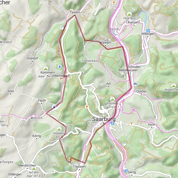 Karten-Miniaturansicht der Radinspiration "Kurzer Gravel-Trip zum Hosteberg und Bismarckturm" in Trier, Germany. Erstellt vom Tarmacs.app-Routenplaner für Radtouren