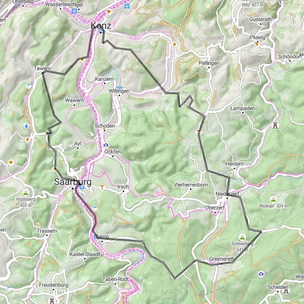 Karten-Miniaturansicht der Radinspiration "Rundweg über Konz und Greimerath" in Trier, Germany. Erstellt vom Tarmacs.app-Routenplaner für Radtouren