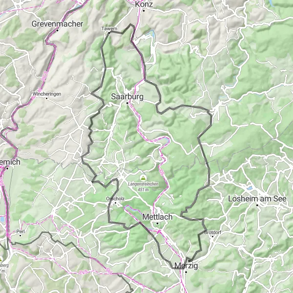 Map miniature of "Hills and Valleys" cycling inspiration in Trier, Germany. Generated by Tarmacs.app cycling route planner