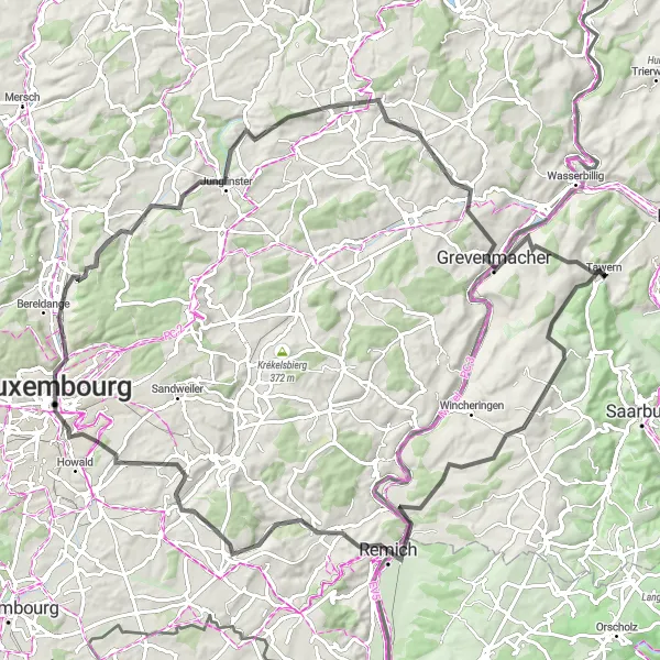 Map miniature of "Moselle and Luxembourg Hilly Loop" cycling inspiration in Trier, Germany. Generated by Tarmacs.app cycling route planner