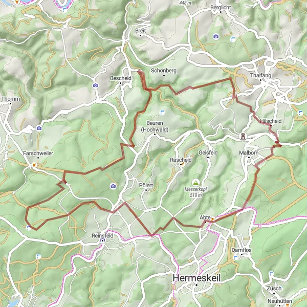 Map miniature of "Gravel Escape" cycling inspiration in Trier, Germany. Generated by Tarmacs.app cycling route planner