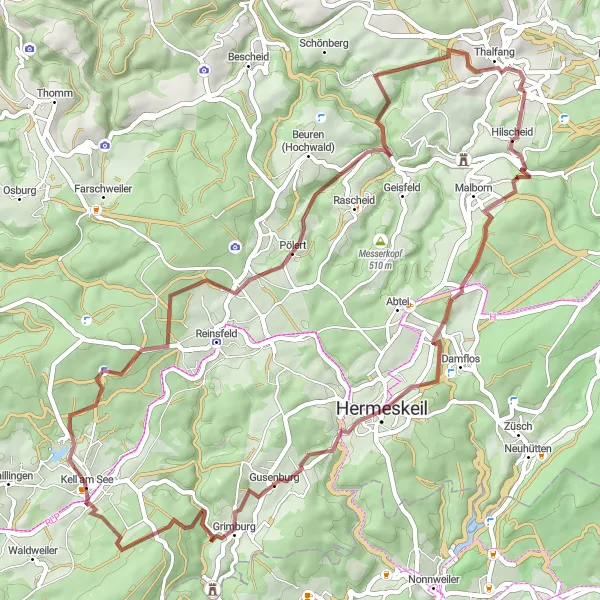 Map miniature of "Hidden Gravel Tracks" cycling inspiration in Trier, Germany. Generated by Tarmacs.app cycling route planner