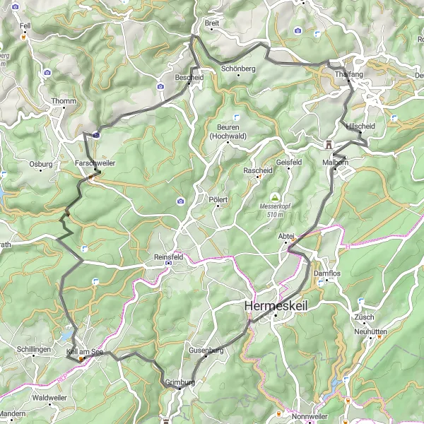 Map miniature of "The Hills of Thalfang" cycling inspiration in Trier, Germany. Generated by Tarmacs.app cycling route planner