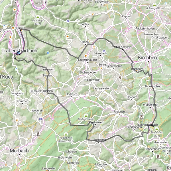 Karten-Miniaturansicht der Radinspiration "Hunsrück-Hochwald Radroute" in Trier, Germany. Erstellt vom Tarmacs.app-Routenplaner für Radtouren