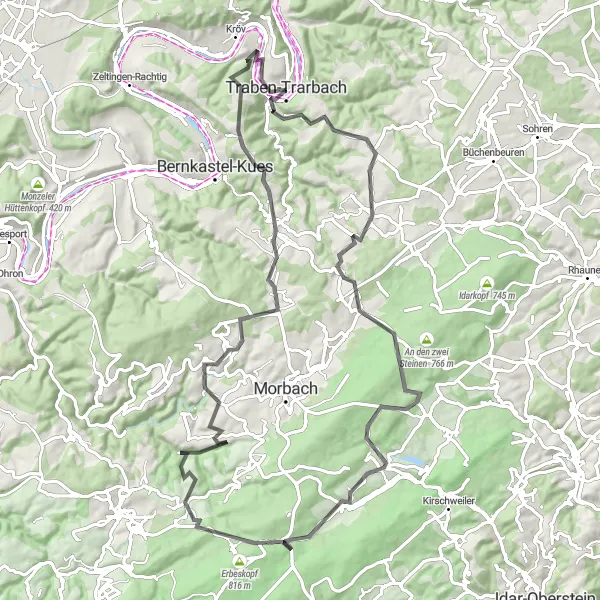 Map miniature of "Challenging Hills: Traben-Trarbach Loop" cycling inspiration in Trier, Germany. Generated by Tarmacs.app cycling route planner