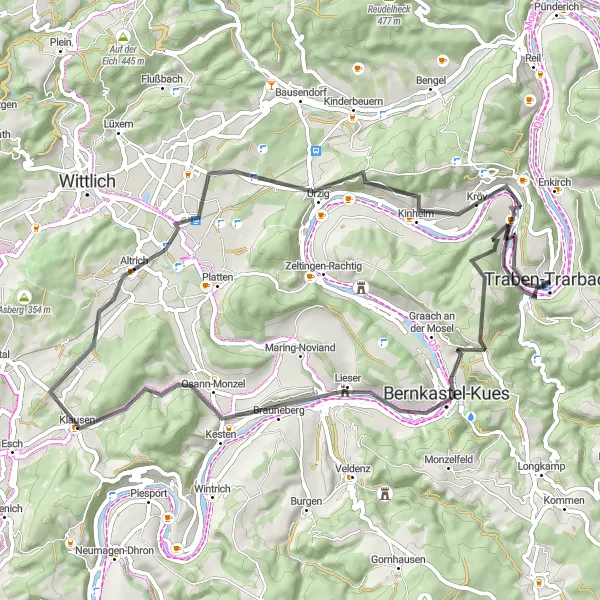 Map miniature of "Hills and Vistas: Traben-Trarbach Loop" cycling inspiration in Trier, Germany. Generated by Tarmacs.app cycling route planner