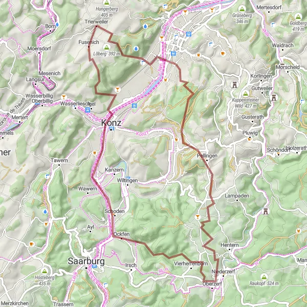 Map miniature of "Escapes into Nature" cycling inspiration in Trier, Germany. Generated by Tarmacs.app cycling route planner