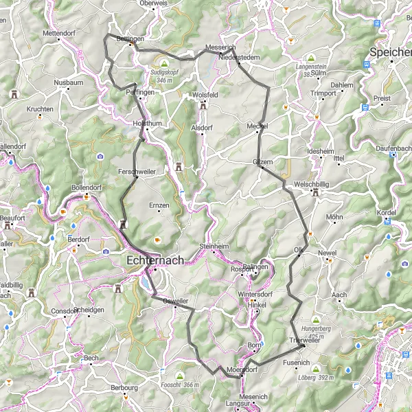Map miniature of "The Hills of Trier" cycling inspiration in Trier, Germany. Generated by Tarmacs.app cycling route planner