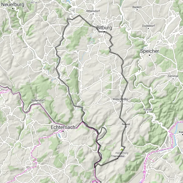 Map miniature of "Rolling Hills" cycling inspiration in Trier, Germany. Generated by Tarmacs.app cycling route planner