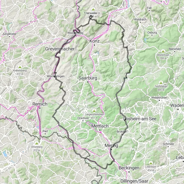 Map miniature of "The Uphill Challenge" cycling inspiration in Trier, Germany. Generated by Tarmacs.app cycling route planner