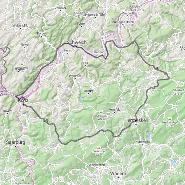 Map miniature of "Hilly Road Adventure" cycling inspiration in Trier, Germany. Generated by Tarmacs.app cycling route planner