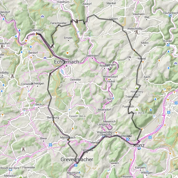 Map miniature of "Scenic Beauty and Spiritual Reminiscence" cycling inspiration in Trier, Germany. Generated by Tarmacs.app cycling route planner