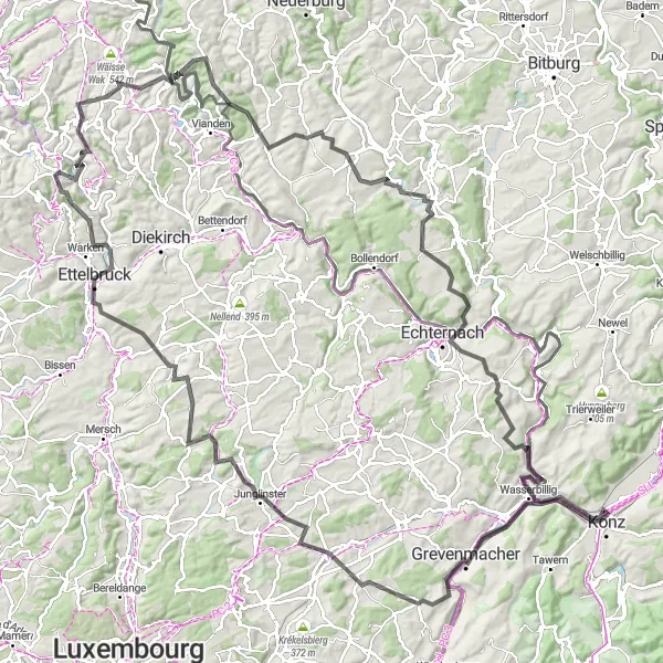 Map miniature of "Wasserliesch to Echternach Adventure" cycling inspiration in Trier, Germany. Generated by Tarmacs.app cycling route planner