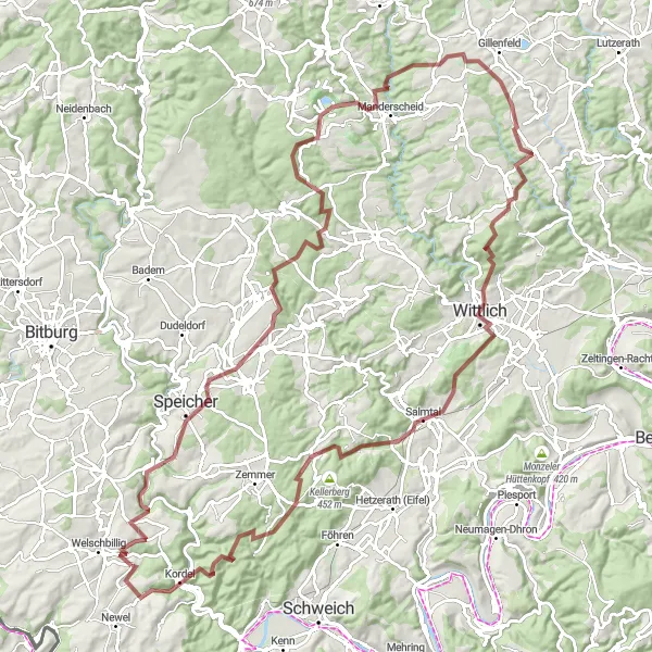 Map miniature of "The Volcanic Gravel Challenge" cycling inspiration in Trier, Germany. Generated by Tarmacs.app cycling route planner