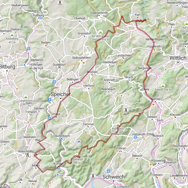 Map miniature of "The Kyll Valley Gravel Adventure" cycling inspiration in Trier, Germany. Generated by Tarmacs.app cycling route planner