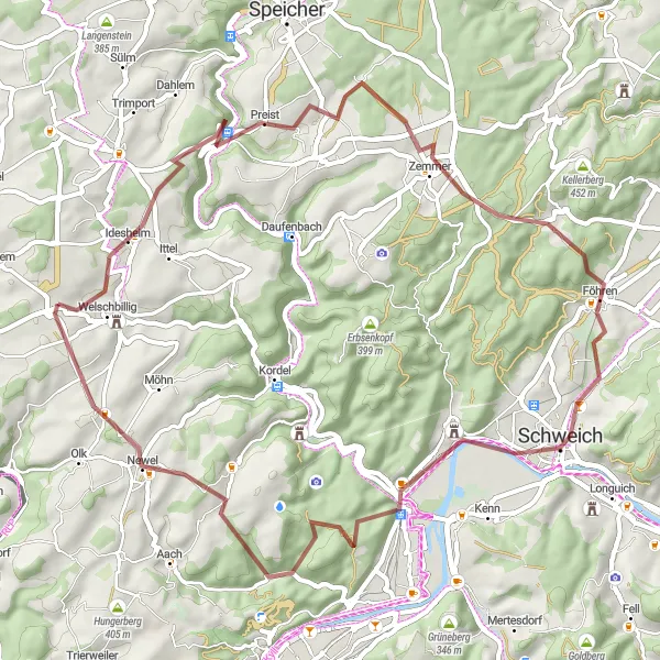 Map miniature of "Scenic Gravel Loop near Welschbillig" cycling inspiration in Trier, Germany. Generated by Tarmacs.app cycling route planner