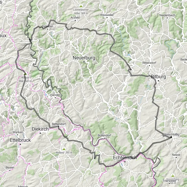 Map miniature of "Road Cycling Adventure around Trier" cycling inspiration in Trier, Germany. Generated by Tarmacs.app cycling route planner