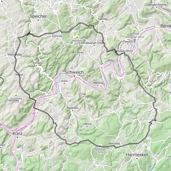 Map miniature of "The Mosel River Road Cycling Challenge" cycling inspiration in Trier, Germany. Generated by Tarmacs.app cycling route planner