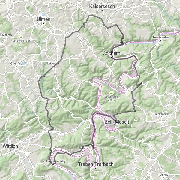 Map miniature of "The Cochem Challenge" cycling inspiration in Trier, Germany. Generated by Tarmacs.app cycling route planner