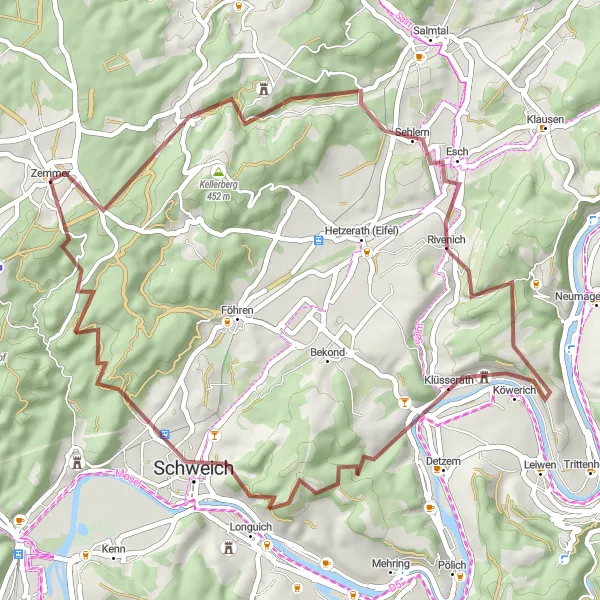 Map miniature of "Mehringer Berg: Gravel Adventure" cycling inspiration in Trier, Germany. Generated by Tarmacs.app cycling route planner