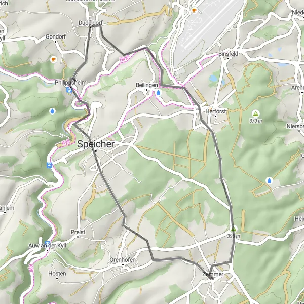 Map miniature of "Road Cycling Tour to Dudeldorf" cycling inspiration in Trier, Germany. Generated by Tarmacs.app cycling route planner