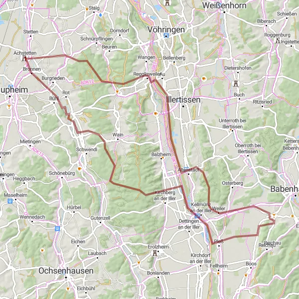 Map miniature of "Iller Valley Gravel Adventure" cycling inspiration in Tübingen, Germany. Generated by Tarmacs.app cycling route planner