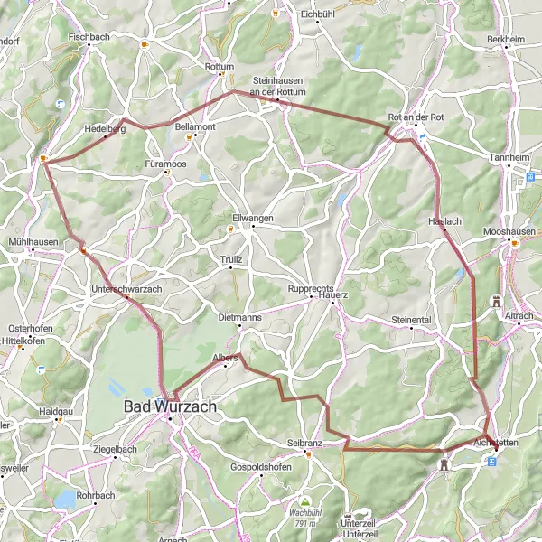 Map miniature of "Gravel Adventure around Aichstetten" cycling inspiration in Tübingen, Germany. Generated by Tarmacs.app cycling route planner