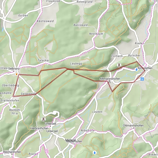 Map miniature of "Wachbühl - Seibranz Gravel Ride" cycling inspiration in Tübingen, Germany. Generated by Tarmacs.app cycling route planner