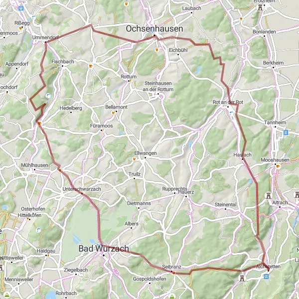 Map miniature of "Blutsberg - Bad Wurzach Gravel Exploration" cycling inspiration in Tübingen, Germany. Generated by Tarmacs.app cycling route planner