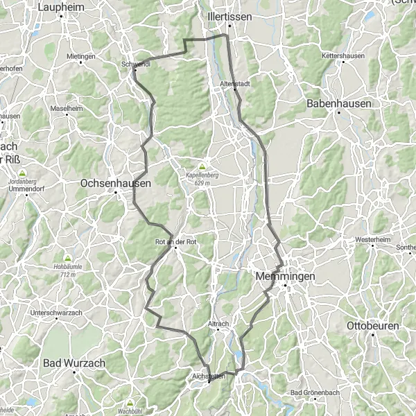 Map miniature of "Scenic Cycling Tour of Aichstetten" cycling inspiration in Tübingen, Germany. Generated by Tarmacs.app cycling route planner
