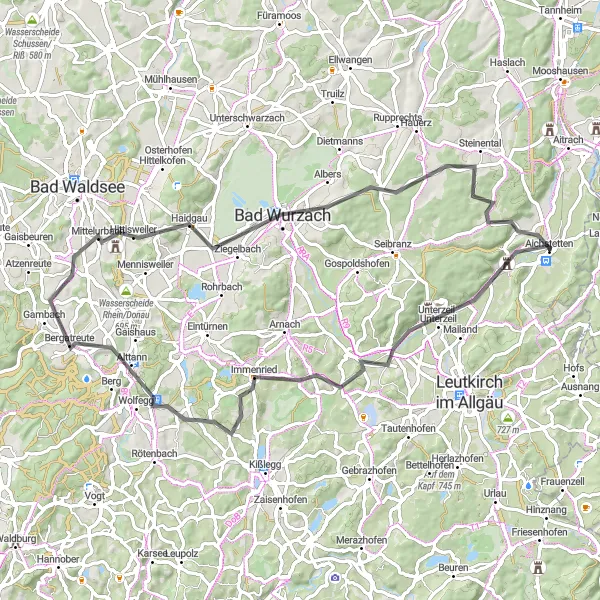 Map miniature of "Road Cycling Adventure to Bad Wurzach" cycling inspiration in Tübingen, Germany. Generated by Tarmacs.app cycling route planner