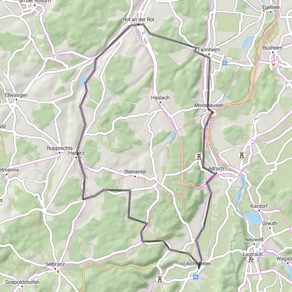 Map miniature of "Scenic Road Cycling Route to Rot an der Rot" cycling inspiration in Tübingen, Germany. Generated by Tarmacs.app cycling route planner