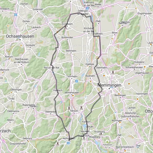 Map miniature of "Aichstetten to Fellheim Adventure" cycling inspiration in Tübingen, Germany. Generated by Tarmacs.app cycling route planner