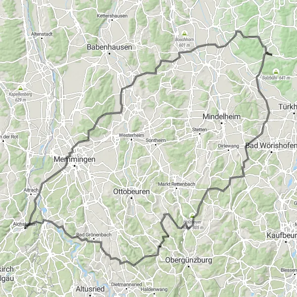 Map miniature of "Aichstetten - Schloss Illerfeld Loop" cycling inspiration in Tübingen, Germany. Generated by Tarmacs.app cycling route planner