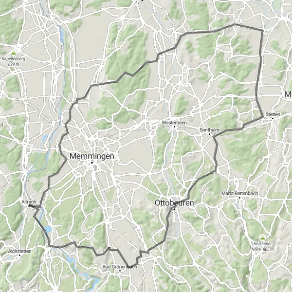 Map miniature of "Aitrach Adventure" cycling inspiration in Tübingen, Germany. Generated by Tarmacs.app cycling route planner
