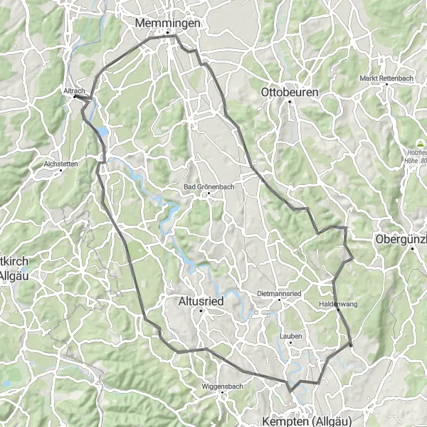 Map miniature of "Roads to Wolfertschwenden" cycling inspiration in Tübingen, Germany. Generated by Tarmacs.app cycling route planner