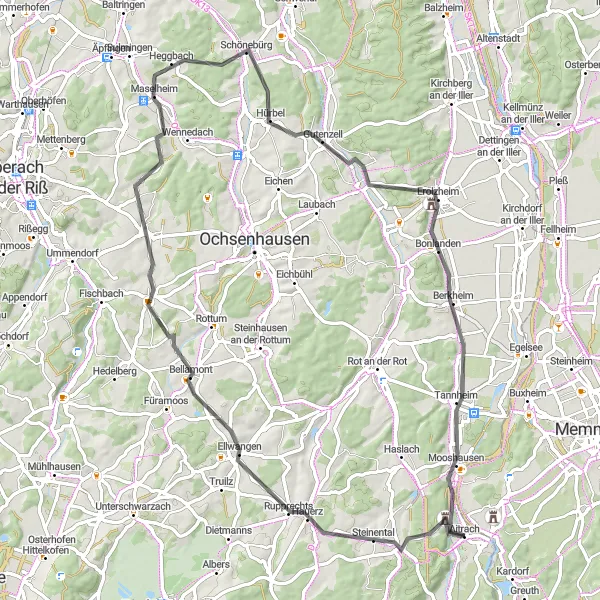 Map miniature of "Cycling Through Maselheim" cycling inspiration in Tübingen, Germany. Generated by Tarmacs.app cycling route planner