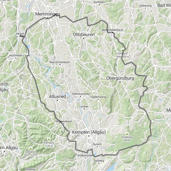 Map miniature of "The Ultimate Memmingen Loop" cycling inspiration in Tübingen, Germany. Generated by Tarmacs.app cycling route planner