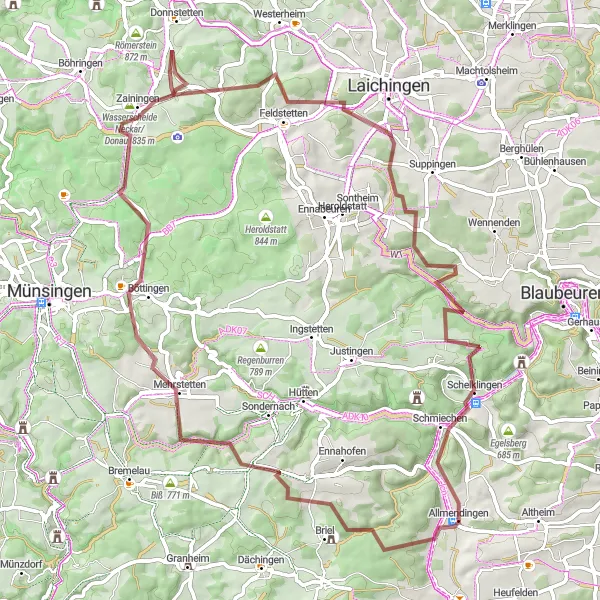 Map miniature of "Allmendingen Epic Gravel Adventure" cycling inspiration in Tübingen, Germany. Generated by Tarmacs.app cycling route planner