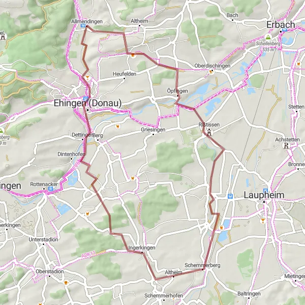Map miniature of "Allmendingen Circular Gravel Route" cycling inspiration in Tübingen, Germany. Generated by Tarmacs.app cycling route planner