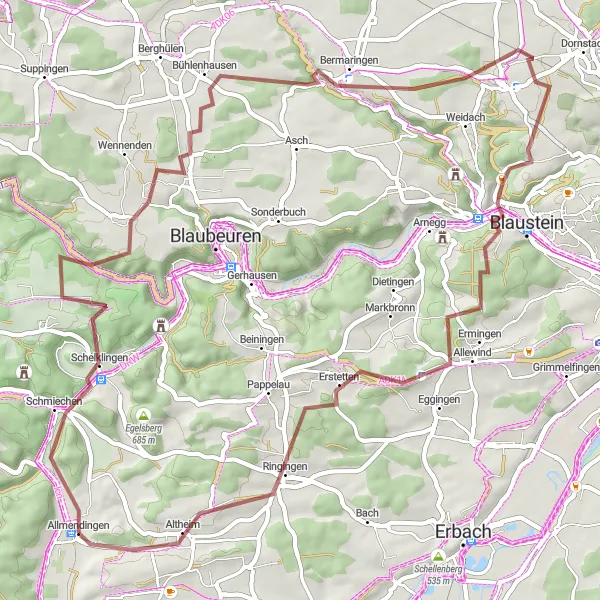 Map miniature of "Rural Gravel Adventure" cycling inspiration in Tübingen, Germany. Generated by Tarmacs.app cycling route planner