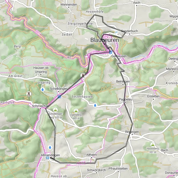 Map miniature of "Allmendingen Explorer Road Route" cycling inspiration in Tübingen, Germany. Generated by Tarmacs.app cycling route planner