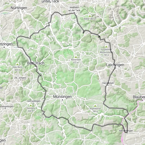 Map miniature of "The Ultimate Road Challenge" cycling inspiration in Tübingen, Germany. Generated by Tarmacs.app cycling route planner