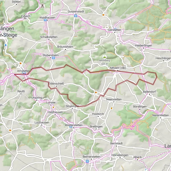 Map miniature of "The Gravel Adventure in Amstetten" cycling inspiration in Tübingen, Germany. Generated by Tarmacs.app cycling route planner