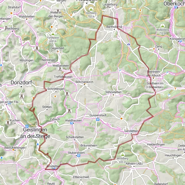 Map miniature of "Challenging Gravel Circuit" cycling inspiration in Tübingen, Germany. Generated by Tarmacs.app cycling route planner