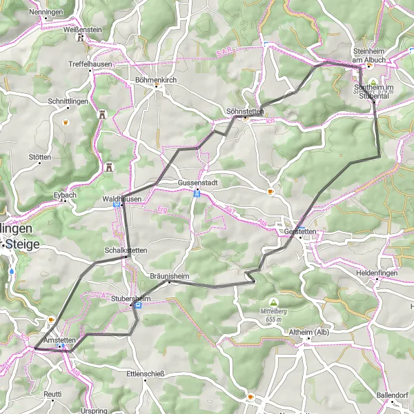 Map miniature of "Road Cycling Adventure" cycling inspiration in Tübingen, Germany. Generated by Tarmacs.app cycling route planner