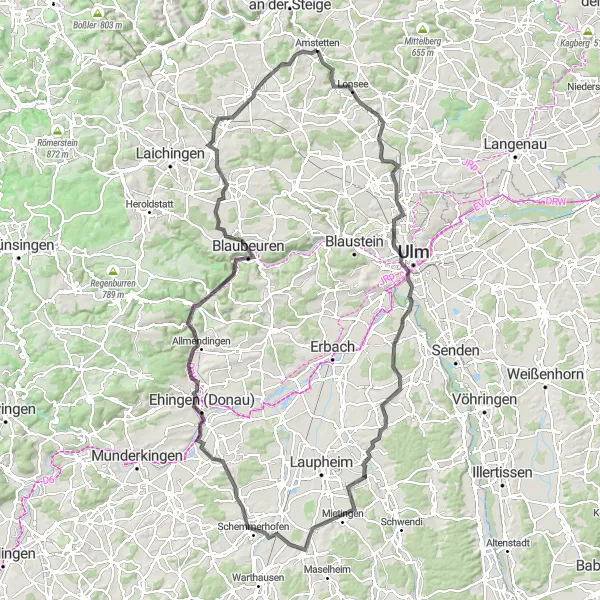 Map miniature of "Ulm and Beyond" cycling inspiration in Tübingen, Germany. Generated by Tarmacs.app cycling route planner